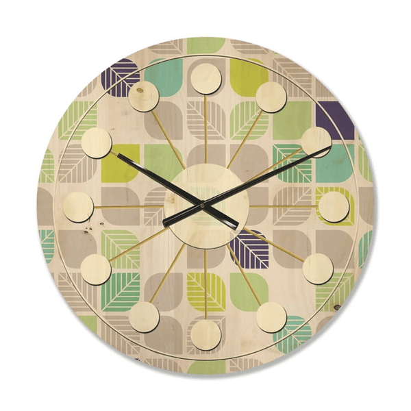 Designart 'Leaves With Geometric Pattern' Mid-Century Modern Wood Wall Clock(Size 23" x 23") EasyOptionXY LLC