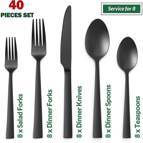 VeSteel 40-Piece Matte Black Silverware Set, Stainless Steel Flatware Set Service for 8, Metal Cutlery Eating Utensils Tableware Includes Forks/Spoons/Knives, Square Edge & Dishwasher Safe EasyOptionXY LLC