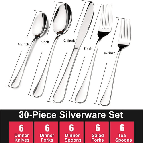 Silverware Sets, 30 Pieces Stainless Steel Flatware Set, Utensils Set Service for 6, Tableware Cutlery Set for Home and Restaurant, Knives Forks Spoons, Mirror Polished, Dishwasher Safe, Silver EasyOptionXY LLC