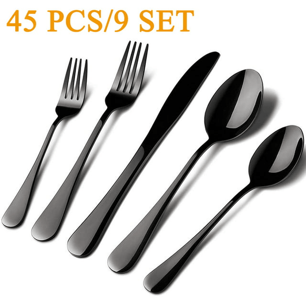 Silverware Set, 45 Piece Stainless Steel Flatware Cutlery Set Service for 9, Include Knife Fork Spoon, Stylish Mirror Finish, Dishwasher Safe Perfect for Home Kitchen Restaurant, Black EasyOptionXY LLC
