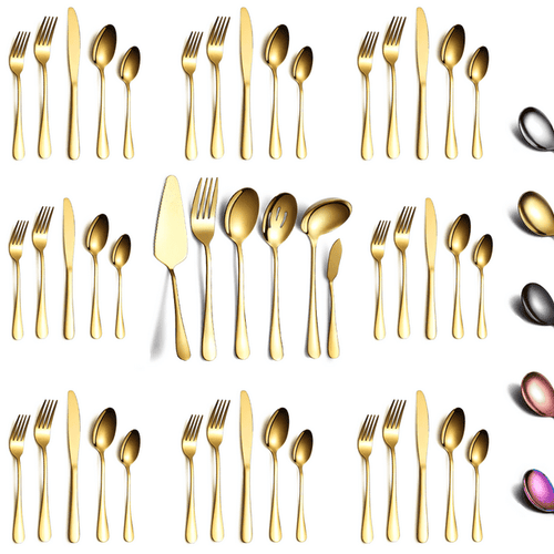 ReaNea 46 Pieces Gold Silverware Set Stainless Steel Titanium Gold Plating Flatware Set, Spoons Forks Cutlery Set Contains 6 Pieces Serving Set EasyOptionXY LLC