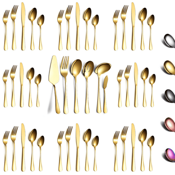 ReaNea 46 Pieces Gold Silverware Set Stainless Steel Titanium Gold Plating Flatware Set, Spoons Forks Cutlery Set Contains 6 Pieces Serving Set EasyOptionXY LLC