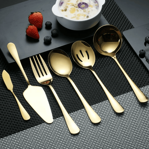 ReaNea 46 Pieces Gold Silverware Set Stainless Steel Titanium Gold Plating Flatware Set, Spoons Forks Cutlery Set Contains 6 Pieces Serving Set EasyOptionXY LLC