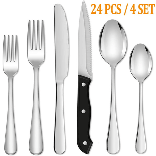 24 Piece Silverware Set with Steak Knives, Stainless Steel Flatware Set, Cutlery Set Service for 4, Mirror Polished Utensils Set, Forks and Spoons Silverware Set, Dishwasher Safe EasyOptionXY LLC
