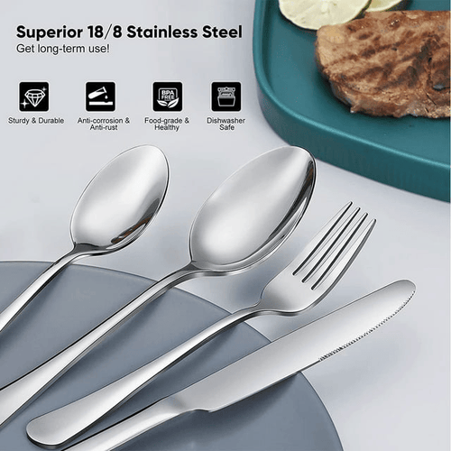 24 Piece Silverware Set with Steak Knives, Stainless Steel Flatware Set, Cutlery Set Service for 4, Mirror Polished Utensils Set, Forks and Spoons Silverware Set, Dishwasher Safe EasyOptionXY LLC