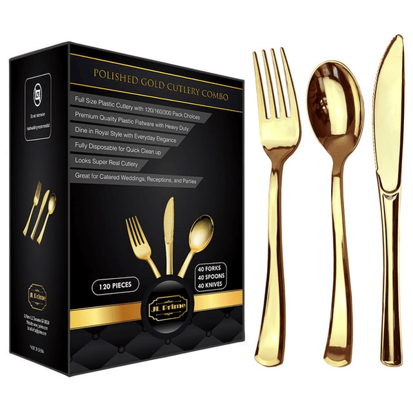 JL Prime 120 Piece Gold Plastic Silverware Set, Re-Usable Recyclable Plastic Cutlery, Gold Plastic Utensil, 40 Forks, 40 Spoons, 40 Knives, Great for Wedding, Anniversary, Rehearsal, Shower Events EasyOptionXY LLC