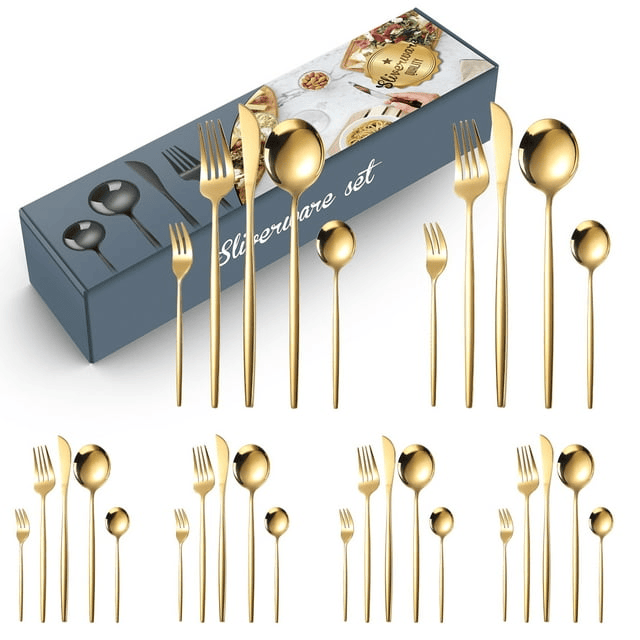 Silverware Sets, 30 Pieces Stainless Steel Flatware Set, Utensils Set Service for 6, Tableware Cutlery Set for Home and Restaurant, Knives Forks Spoons, Mirror Polished, Dishwasher Safe, Gold EasyOptionXY LLC