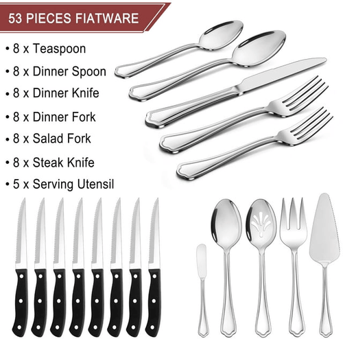Walchoice 53-Piece Silverware Set with Serving Utensils, Elegant Metal Tableware Plus Steak Knives, Stainless Steel Flatware Cutlery Set Service for 8 - Scalloped Edge EasyOptionXY LLC