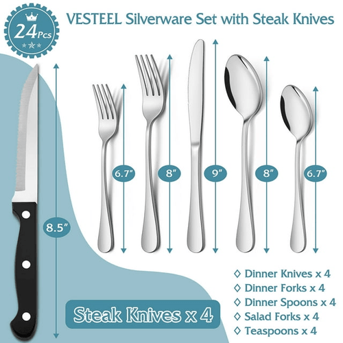 Vesteel 24 Pieces Silverware Set with Steak Knives, Stainless Steel Flatware Cutlery Set Service for 4, Mirror Finish and Dishwasher Safe EasyOptionXY LLC