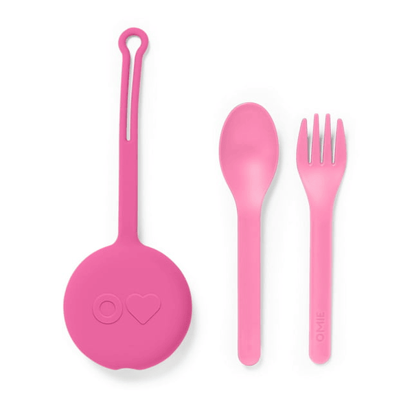 OmieBox OmiePod Kids Utensils Set with Case - 2 Piece Plastic, Reusable Fork and Spoon Silverware with Pod for Kids, Travel, Lunch Boxes - Bubble Pink EasyOptionXY LLC