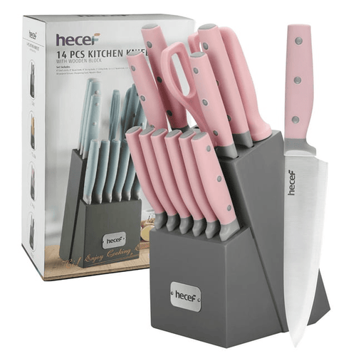 Hecef Kitchen Knife Block Set, 14Pcs High Carbon Stainless Steel Cutlery Knife Set with Sharpener EasyOptionXY LLC