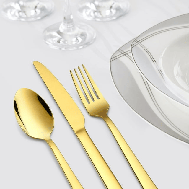 20-Piece Gold Silverware Set, Vesteel Stainless Steel Flatware Set Service for 4, Cutlery Eating Utensil Set Includes Dinner Forks/Spoons/Knives, Square Edge & Mirror Polished, Dishwasher Safe EasyOptionXY LLC