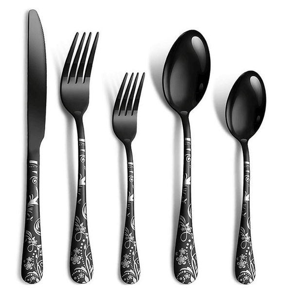 Cibeat Black Silverware Set, 20-Piece Stainless Steel Flatware, Flower Pattern Forks and Spoons Set with Knives, Mirror Finish & Dishwasher Safe EasyOptionXY LLC
