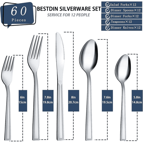 Bestdin Silverware Set for 12, 60 Pieces Stainless Steel Flatware Set, Include Fork Knife Spoon Set, Mirror Polished, Dishwasher Safe, Square Tableware Cutlery Set for Home Kitchen Restaurant EasyOptionXY LLC
