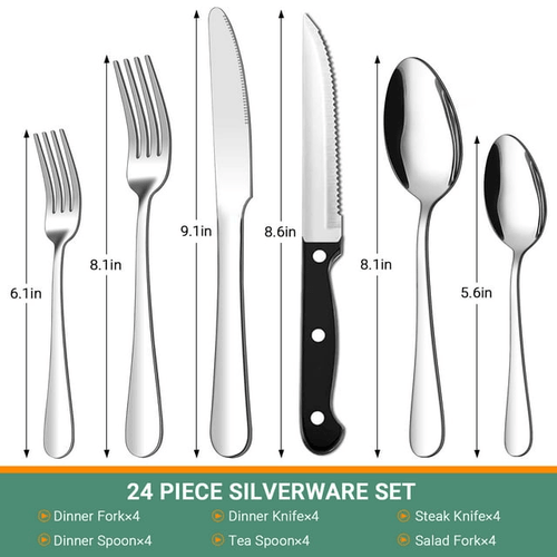24 Piece Flatware Set for 4, TINANA Stainless Steel Flatware Set, Mirror Polished Cutlery Utensil Set, Durable Home Kitchen Eating Tableware Set, Fork Knife Spoon Set,Dishwasher Safe-Silver EasyOptionXY LLC