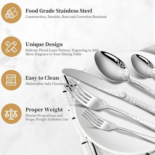 20PCS Silverware Set, Stainless Steel Flatware Set 4 Knives 4 Forks 4 Spoons 4 Tea Forks 4 Teaspoons with Beautiful Flower Pattern for Kitchen Restaurant Party Sliver EasyOptionXY LLC