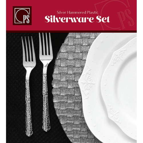 Posh Setting Hammered Effect Design Silver Plastic Cutlery 180 count set (Includes Forks, Knives, Soup Spoons and Tea Spoons - Posh Setting EasyOptionXY LLC