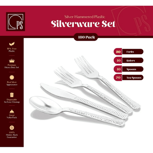Posh Setting Hammered Effect Design Silver Plastic Cutlery 180 count set (Includes Forks, Knives, Soup Spoons and Tea Spoons - Posh Setting EasyOptionXY LLC