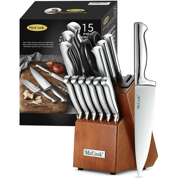 McCook MC29 15-Piece Kitchen Cutlery Knife Block Set Built-in Sharpener Stainless Steel EasyOptionXY LLC