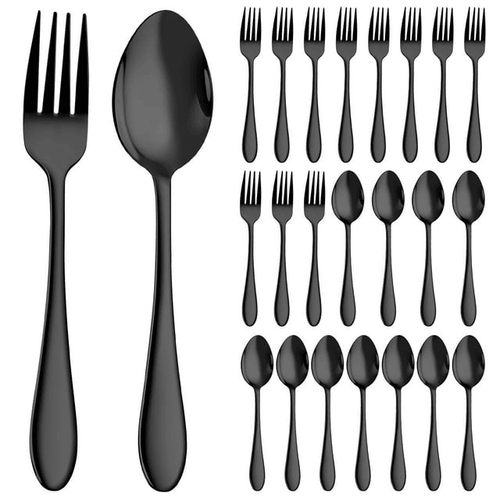 Walchoice 24-Piece Black Fork and Spoon Set, Stainless Steel Silverware Set for Home & Restaurant, Metal Flatware Cutlery Set, Mirror Polished EasyOptionXY LLC