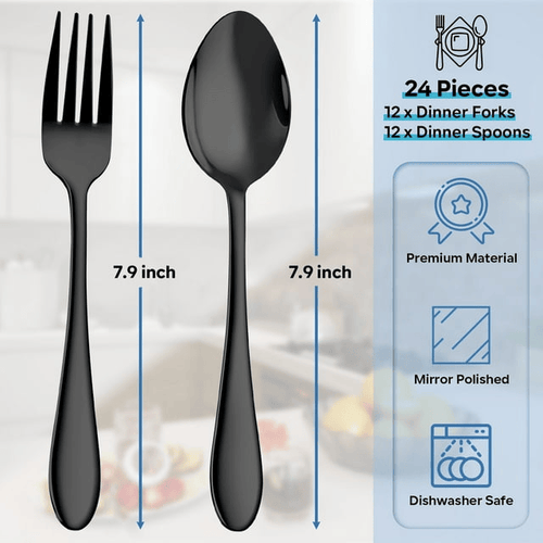 Walchoice 24-Piece Black Fork and Spoon Set, Stainless Steel Silverware Set for Home & Restaurant, Metal Flatware Cutlery Set, Mirror Polished EasyOptionXY LLC