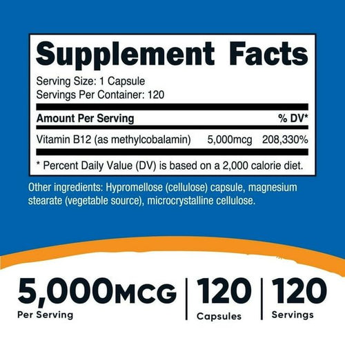 Nutricost Vitamin B12 (Methylcobalamin) 5000mcg, 120 Capsules - Vegetarian Caps, Non-GMO, Gluten Free B12 Supplement EasyOptionXY LLC