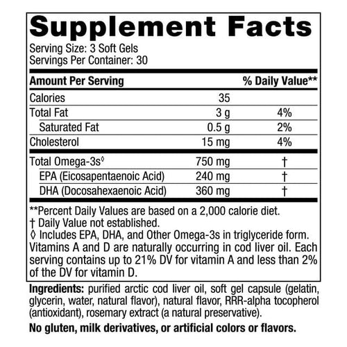 Nordic Naturals Arctic Cod Liver Oil Softgels, 750 Mg, Lemon, Non-GMO 90 Ct EasyOptionXY LLC