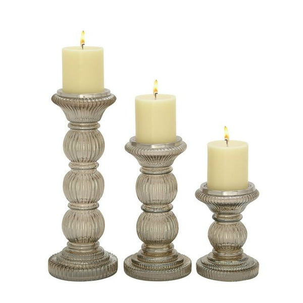 The Novogratz 3 Candle Gray Glass Handmade Turned Style Pillar Candle Holder, Set of 3 EasyOptionXY LLC