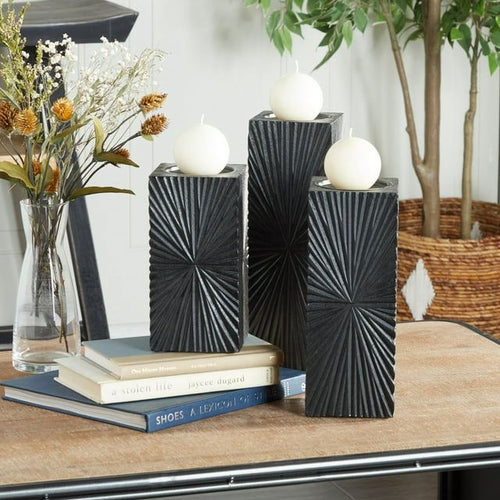CosmoLiving by Cosmopolitan 3 Candle Black Wood Geometric Carved Pillar Candle Holder, Set of 3 EasyOptionXY LLC