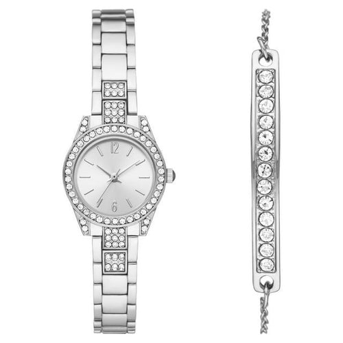 Time & Tru Women's Wristwatch: Silver Tone Watch & Bracelet Set with Crystal Accents (FMDXTT029) EasyOptionXY LLC
