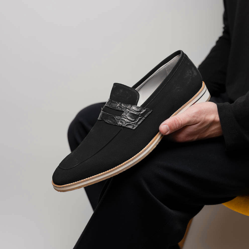 Zelli Italia 11-020-BLK MEO 3 Sueded Goatskin Penny Loafer, Black