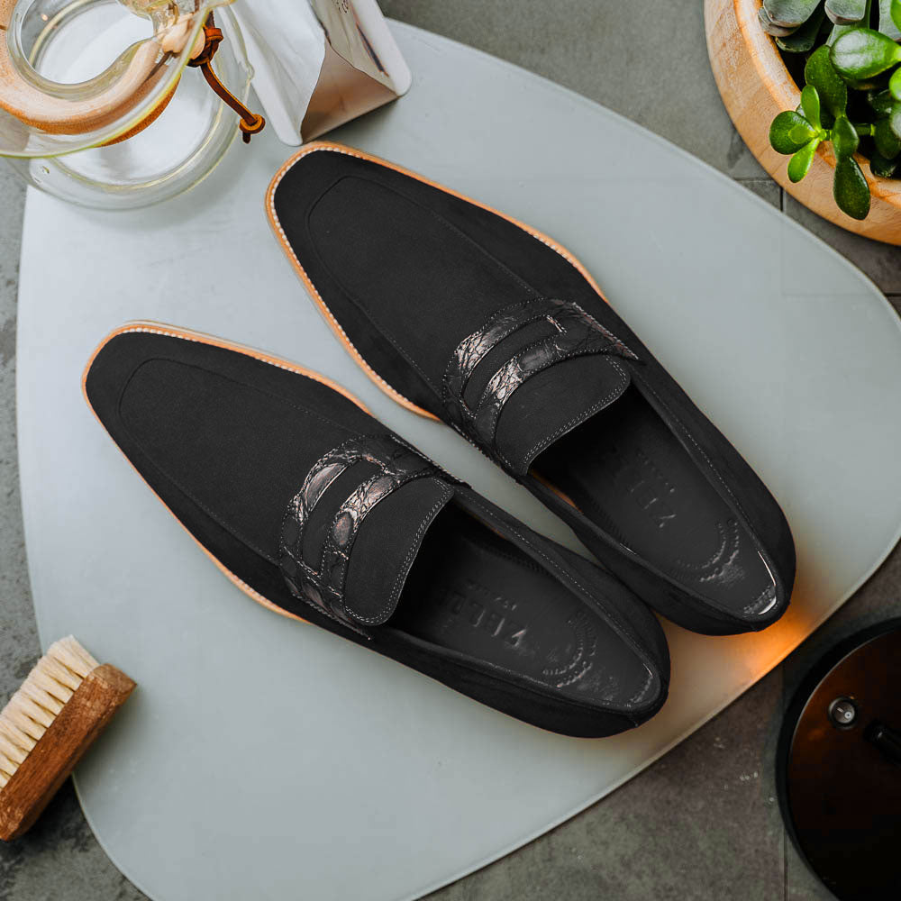 Zelli Italia 11-020-BLK MEO 3 Sueded Goatskin Penny Loafer, Black