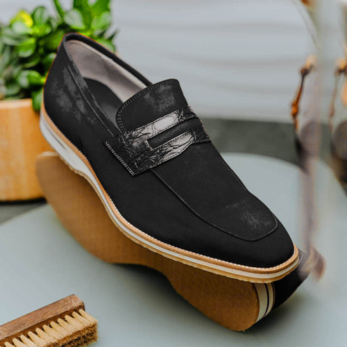 Zelli Italia 11-020-BLK MEO 3 Sueded Goatskin Penny Loafer, Black