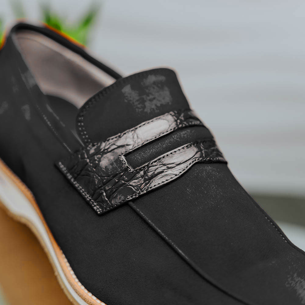 Zelli Italia 11-020-BLK MEO 3 Sueded Goatskin Penny Loafer, Black