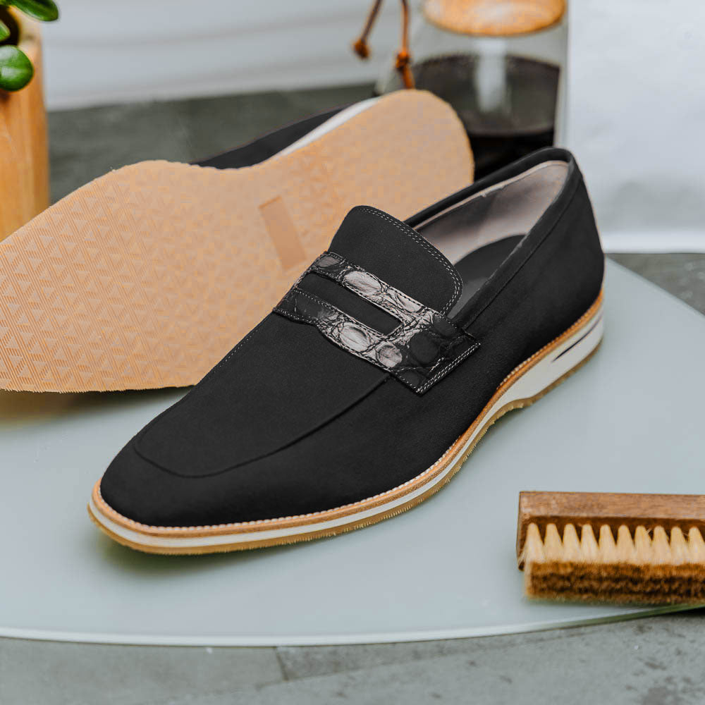 Zelli Italia 11-020-BLK MEO 3 Sueded Goatskin Penny Loafer, Black