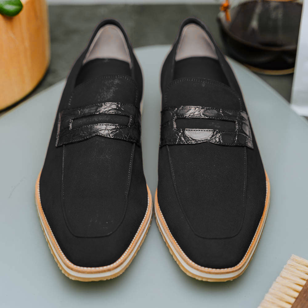 Zelli Italia 11-020-BLK MEO 3 Sueded Goatskin Penny Loafer, Black