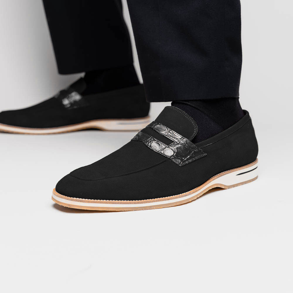Zelli Italia 11-020-BLK MEO 3 Sueded Goatskin Penny Loafer, Black