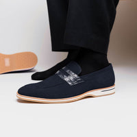 11-020-NVY MEO 3 Sueded Goatskin Penny Loafer, Navy Zelli Italia