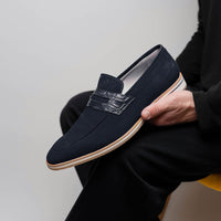 11-020-NVY MEO 3 Sueded Goatskin Penny Loafer, Navy Zelli Italia
