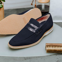 11-020-NVY MEO 3 Sueded Goatskin Penny Loafer, Navy Zelli Italia