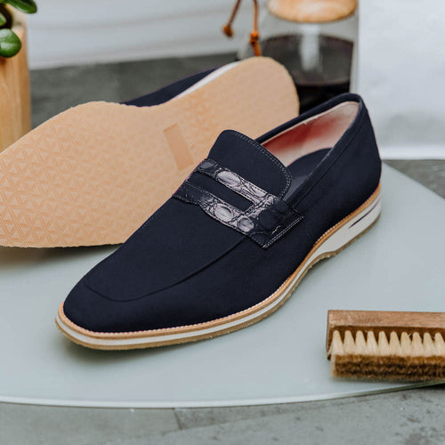 11-020-NVY MEO 3 Sueded Goatskin Penny Loafer, Navy Zelli Italia