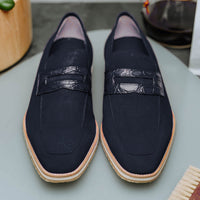 11-020-NVY MEO 3 Sueded Goatskin Penny Loafer, Navy Zelli Italia