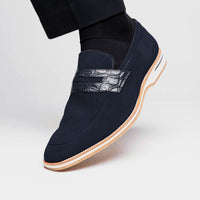 11-020-NVY MEO 3 Sueded Goatskin Penny Loafer, Navy Zelli Italia