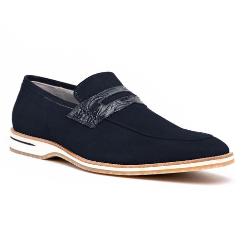 11-020-NVY MEO 3 Sueded Goatskin Penny Loafer, Navy Zelli Italia