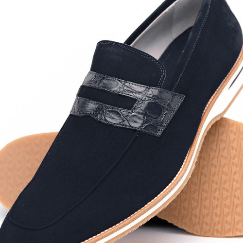 11-020-NVY MEO 3 Sueded Goatskin Penny Loafer, Navy Zelli Italia