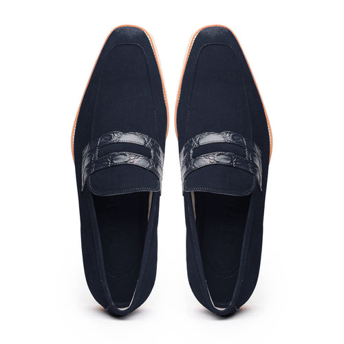 11-020-NVY MEO 3 Sueded Goatskin Penny Loafer, Navy Zelli Italia
