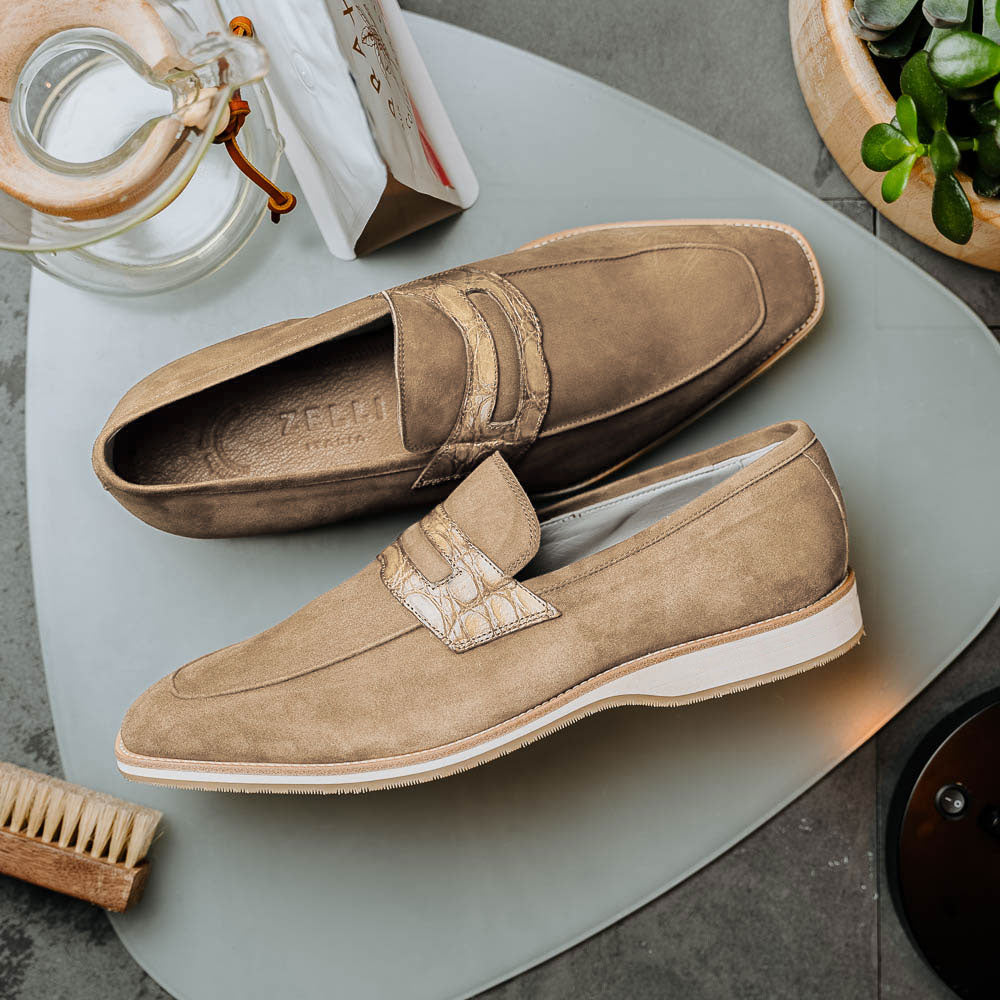 Zelli Italia 11-020-TPE MEO 3 Sueded Goatskin Penny Loafer, Taupe