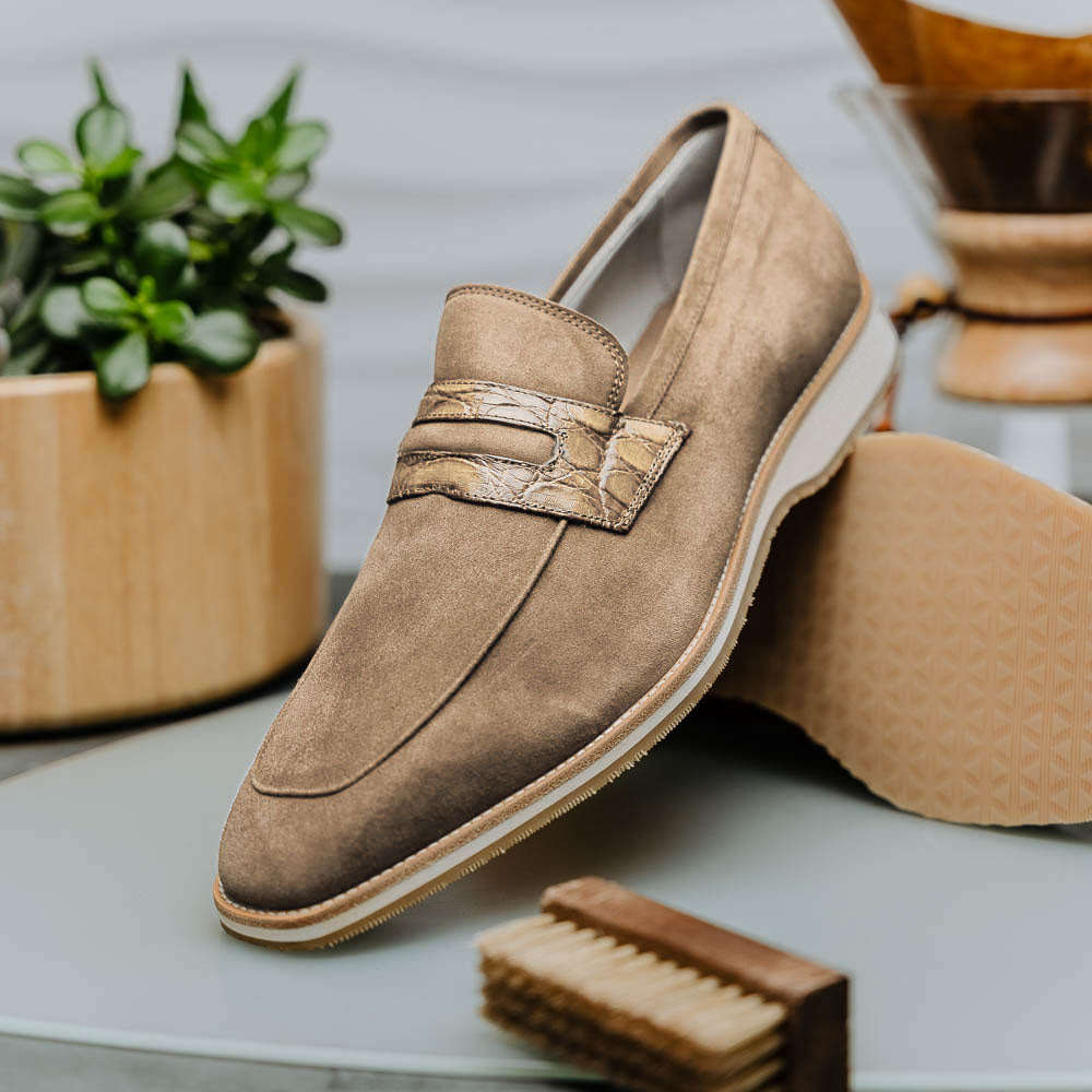 Zelli Italia 11-020-TPE MEO 3 Sueded Goatskin Penny Loafer, Taupe