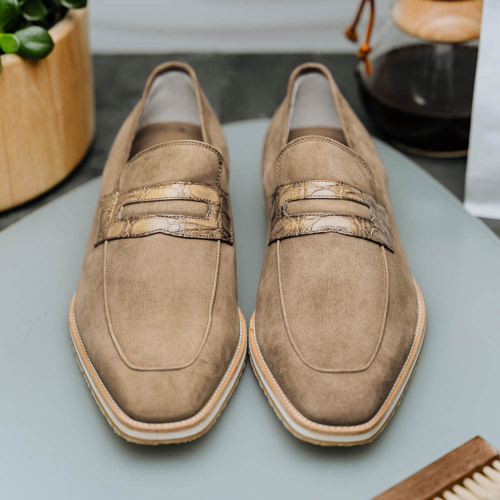 Zelli Italia 11-020-TPE MEO 3 Sueded Goatskin Penny Loafer, Taupe