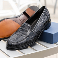 11-119-BKM (BLK) TUSCANY Crocodile Penny Loafer, Black Zelli Italia
